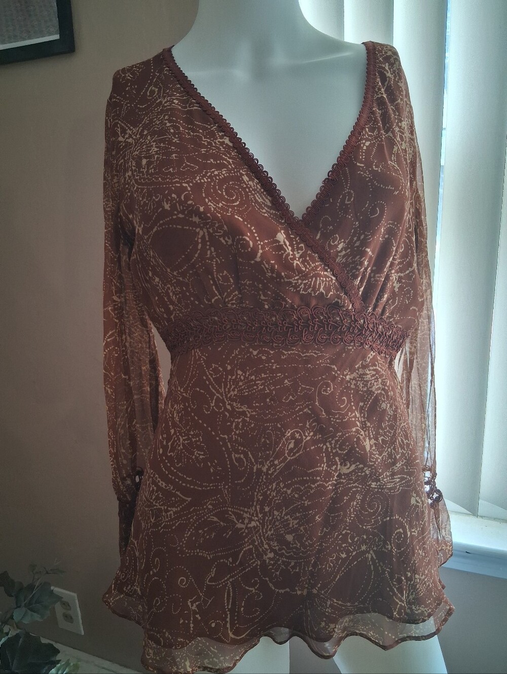 Brown Paisley Wrap-Style Women’s Blouse